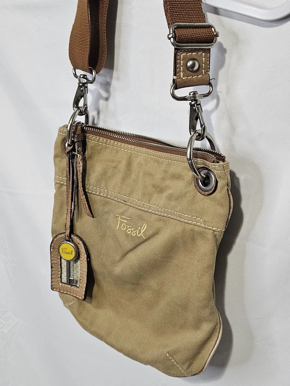 Vintage Fossil Y2K Khaki Canvas Crossbody Utility Field Bag Leather Trm Boho 90s